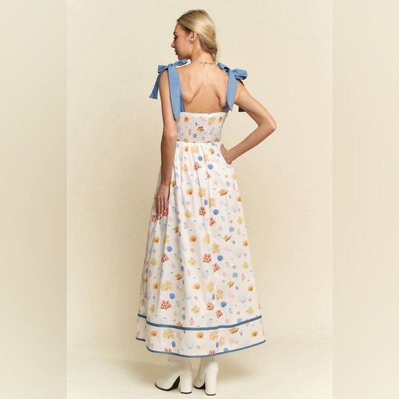 Floral White and Blue Maxi Denim Binding Detail Smocking Summer Maxi Dress - Picture 5 of 10